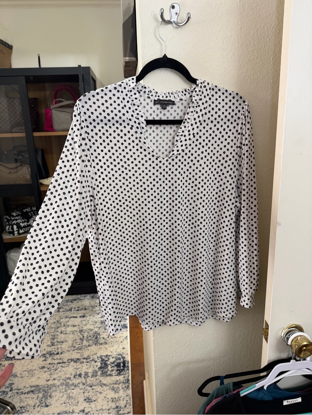 Adrianna Papell White Blouse with Black Polka Dots